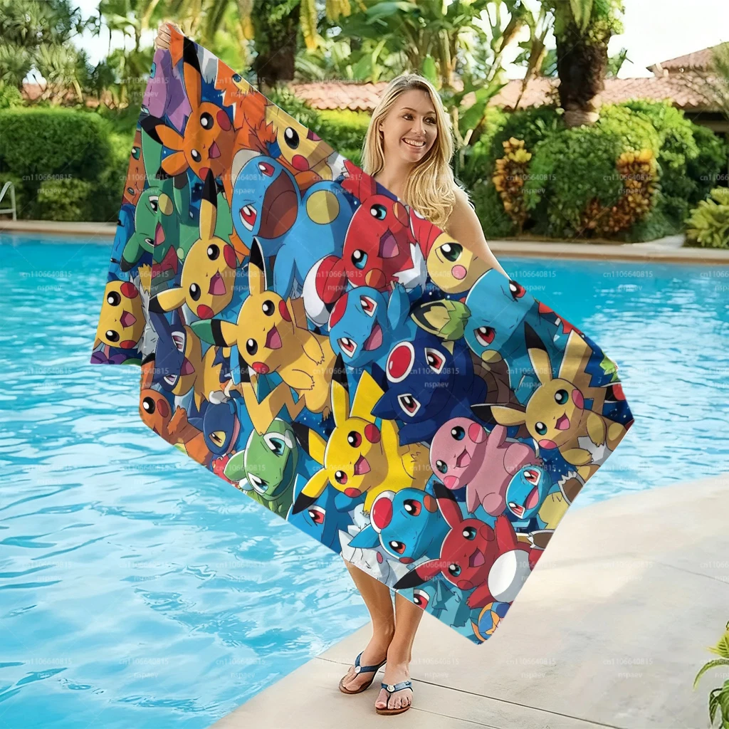 Strandtuch mit Pokemon-Charakteren, farbenfrohes All-Star-Collage-Mikrofaser-Handtuch, großes, schnell trocknendes, sandfreies Schwimmhandtuch für Kinder und Erwachsene