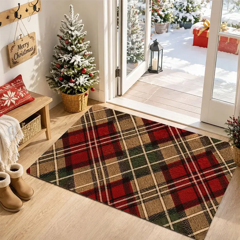 Red Brown Green Plaid Printed Door Mat, Classic Tartan Pattern, Holiday Entryway Floor Mat