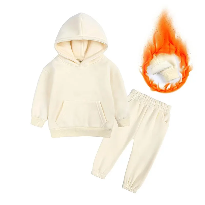 Autumn Children's Hoodie Set 1-7Years Boys Solid Color Fleece Lining Tracksuit Girls Sweatshirt and Pants 2Pcs Kid's Outfit
