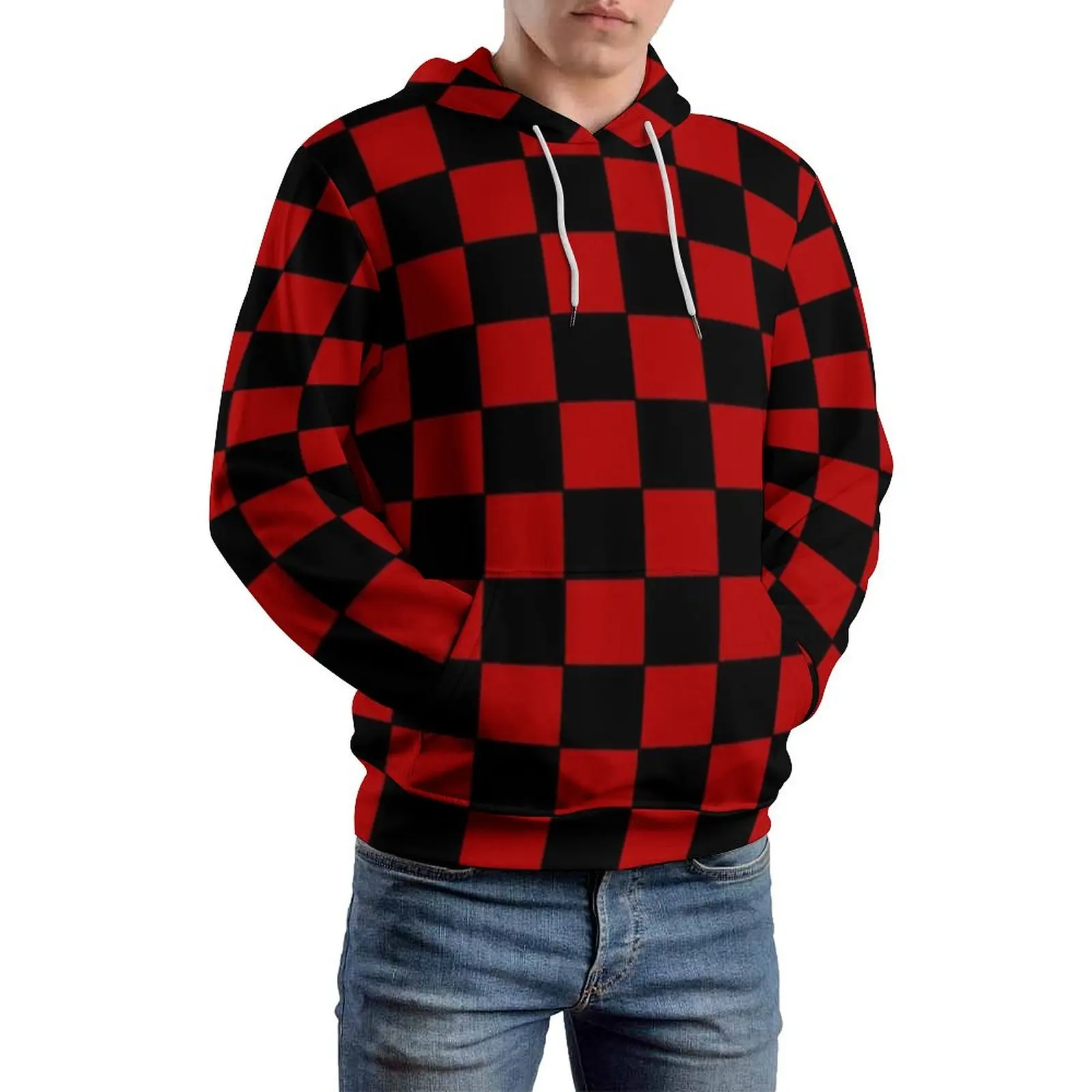 Retro Checkerboard Casual Hoodies Checkers Black and Red Pullover Hoodie Couple Long-Sleeve Classic Loose Oversized Clothing