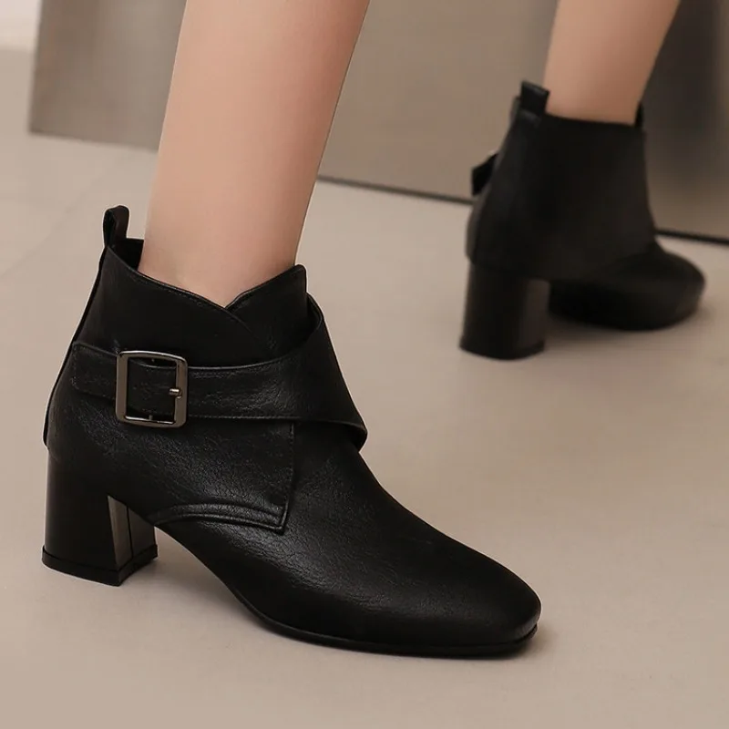 2026 New Winter Mature Black Brown Women's Medium Single Shoe Round Head Buckle Decorative High Heels Size 32-50