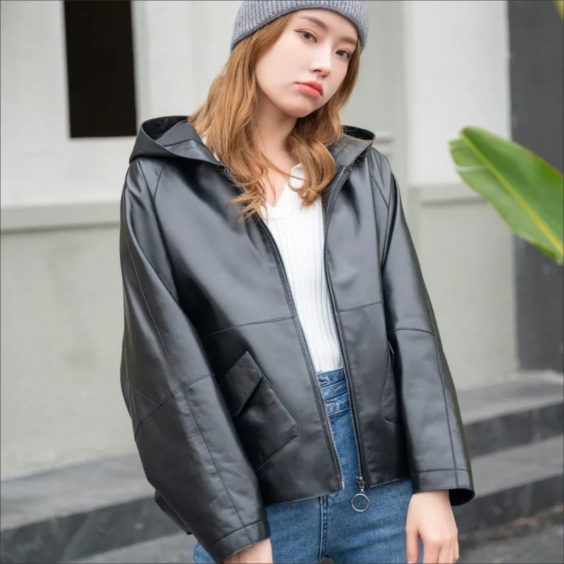 Manteau en peau de mouton importé décontracté pour femmes, Style Cape à capuche, veste en cuir véritable, vêtements d'extérieur amples à la mode printemps/automne