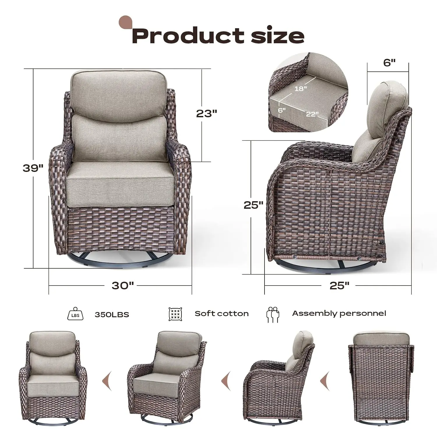 Outdoor Swivel Rocker Chair 2-Pack All Weather Wicker High Back 6
