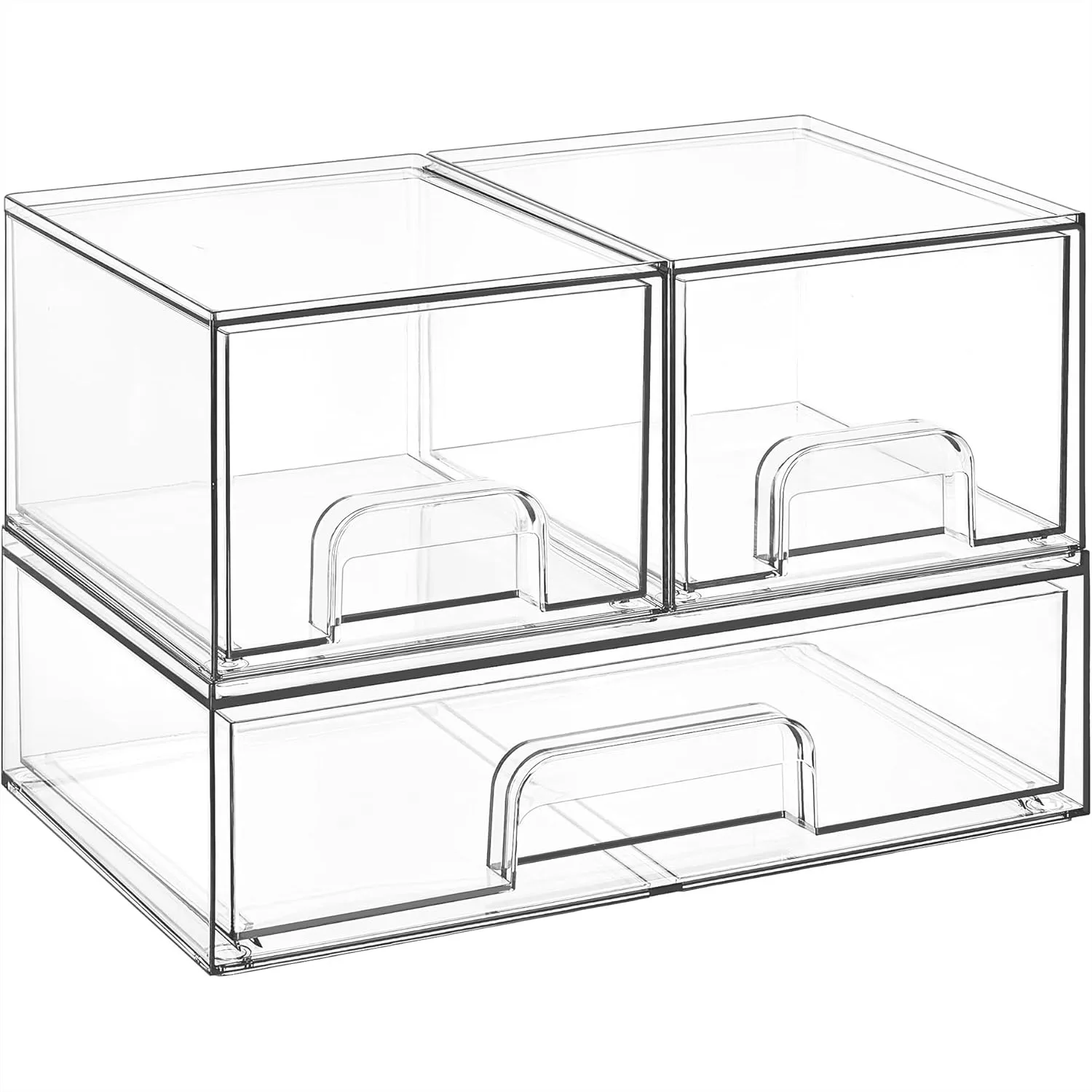 

Stackable Storage Drawers Set of 3, Clear Plastic Organizer Bins for Makeup, Cosmetics, Vanity, Bathroom, Cabinet