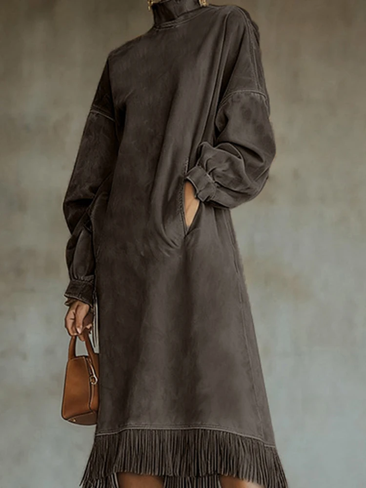 Vestido feminino cintura alta bolso borla bainha vintage imita camurça cor sólida vestido de viagem elegante gola alta solto vestido linha a