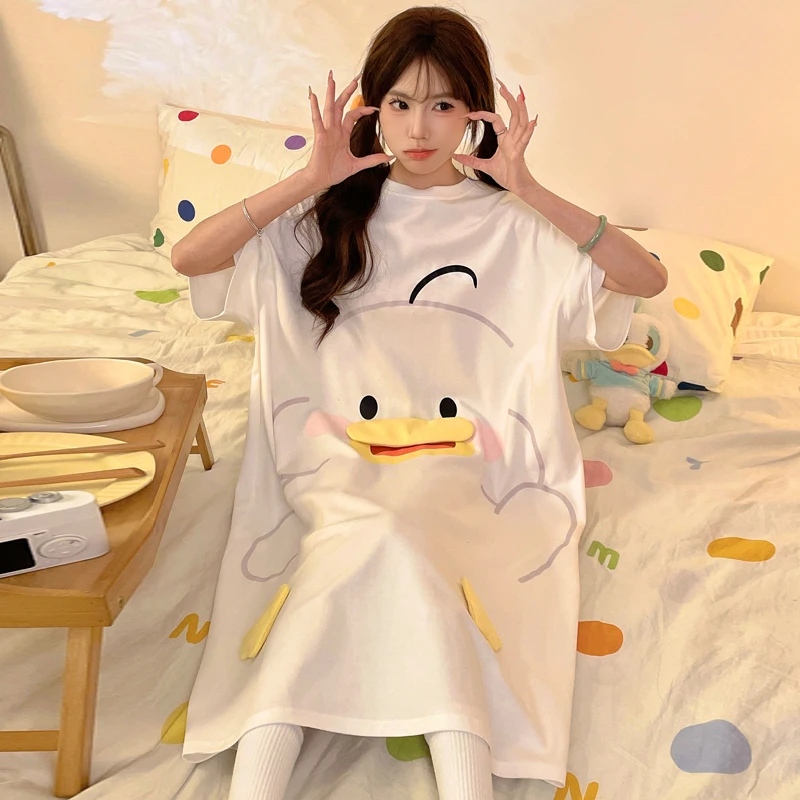 

Summer Women Cartoon Cute Duck-Print Nightgown Pure Cotton Short-Sleeve Pajama Nightdress Loose Oversize Sleepwear Loungewear