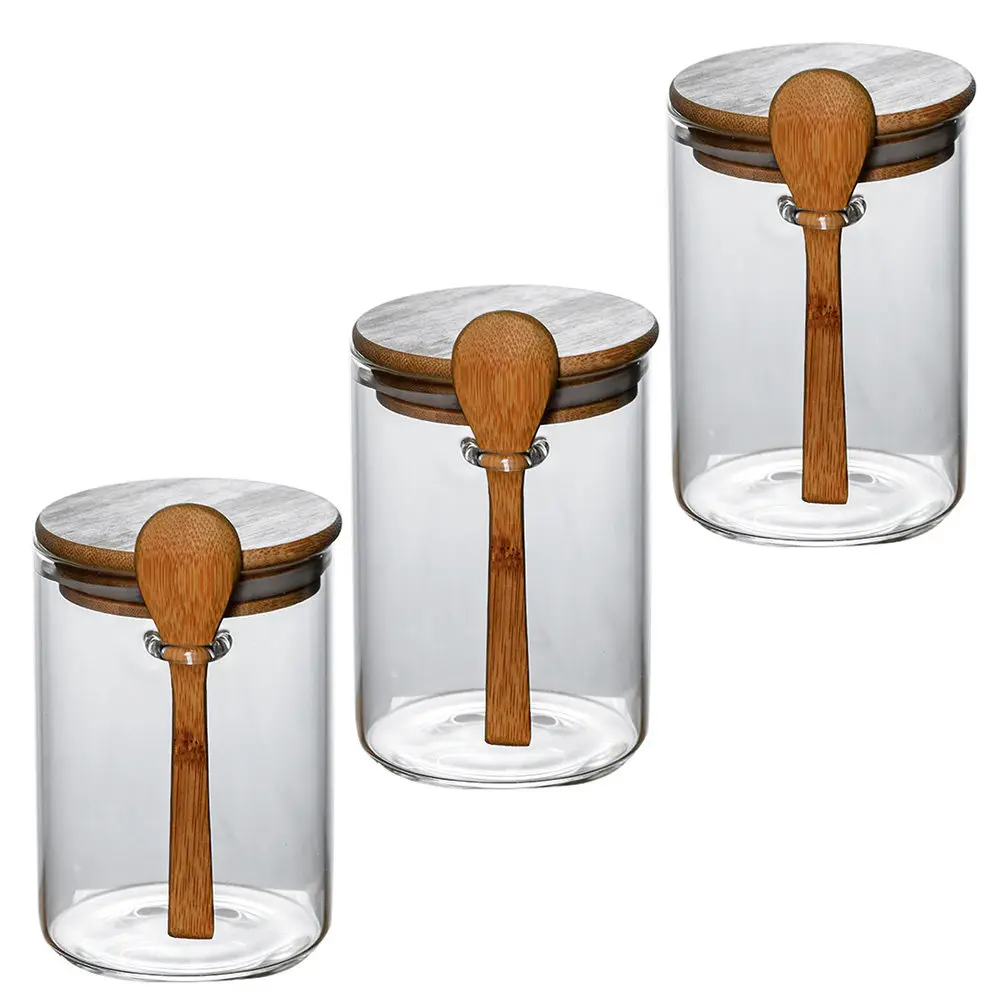 

3Pcs Glass Storage Jars with Wooden Lids Transparent Cereal Container Heat Resistant Food Sealed Jar for Oats Dried Fruit Coffee