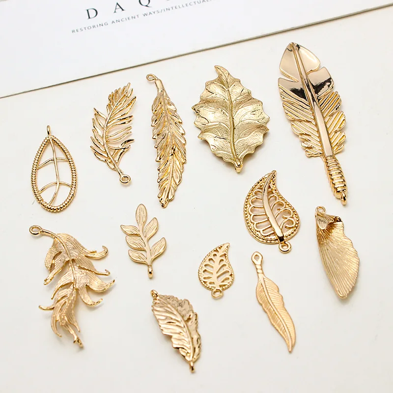 6pcs Diy Jewelry Accessories Copper Gold Color Leaf Feather Leaf Ornament Pendant Earrings Handmade Charms Jewelry Materials