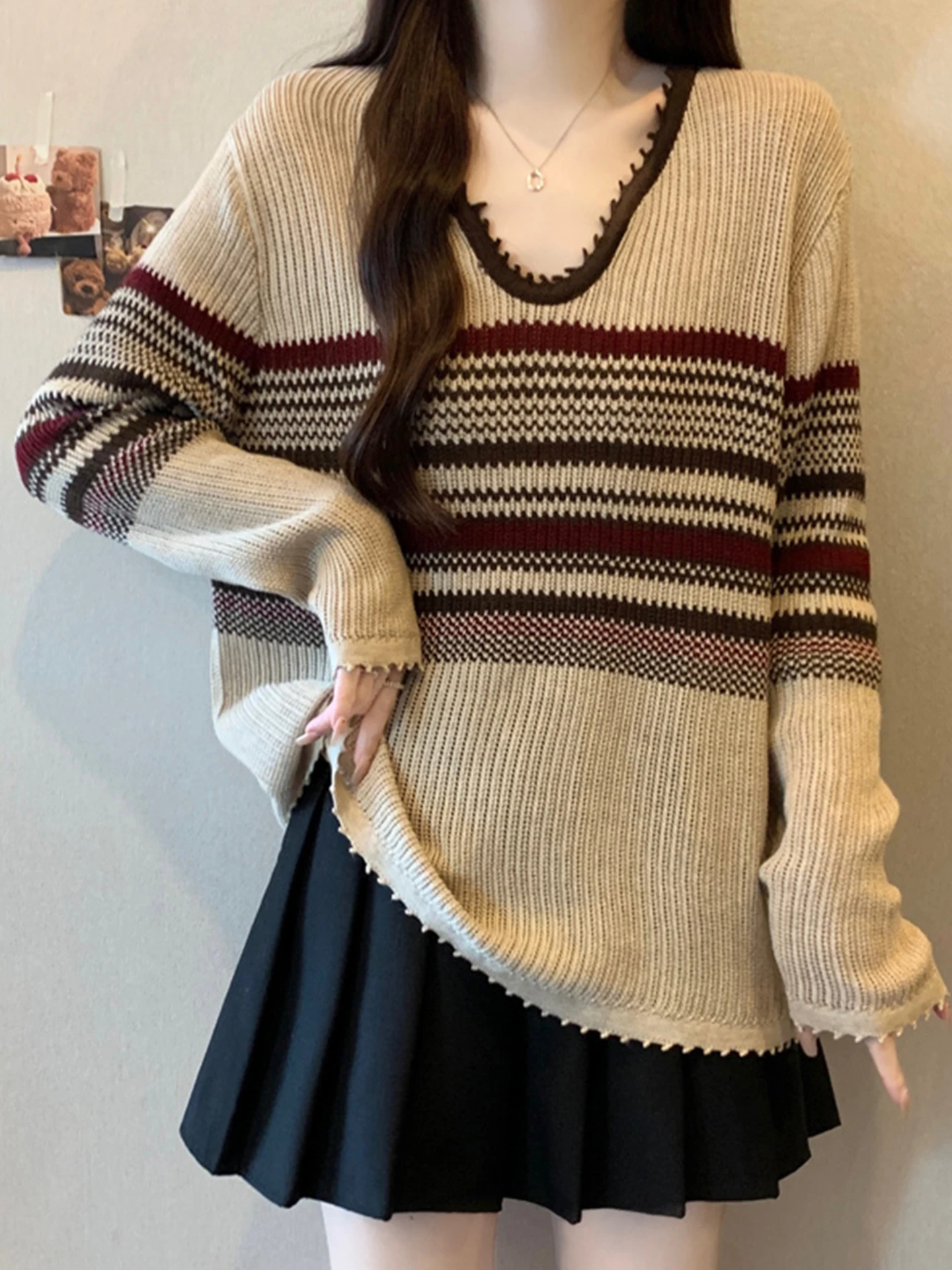 

Retro Striped Knitwear V-Ne Loose Women's Base irt Autumn Winter plus Size Casual Sle Breathable Comfortable Fitted Top