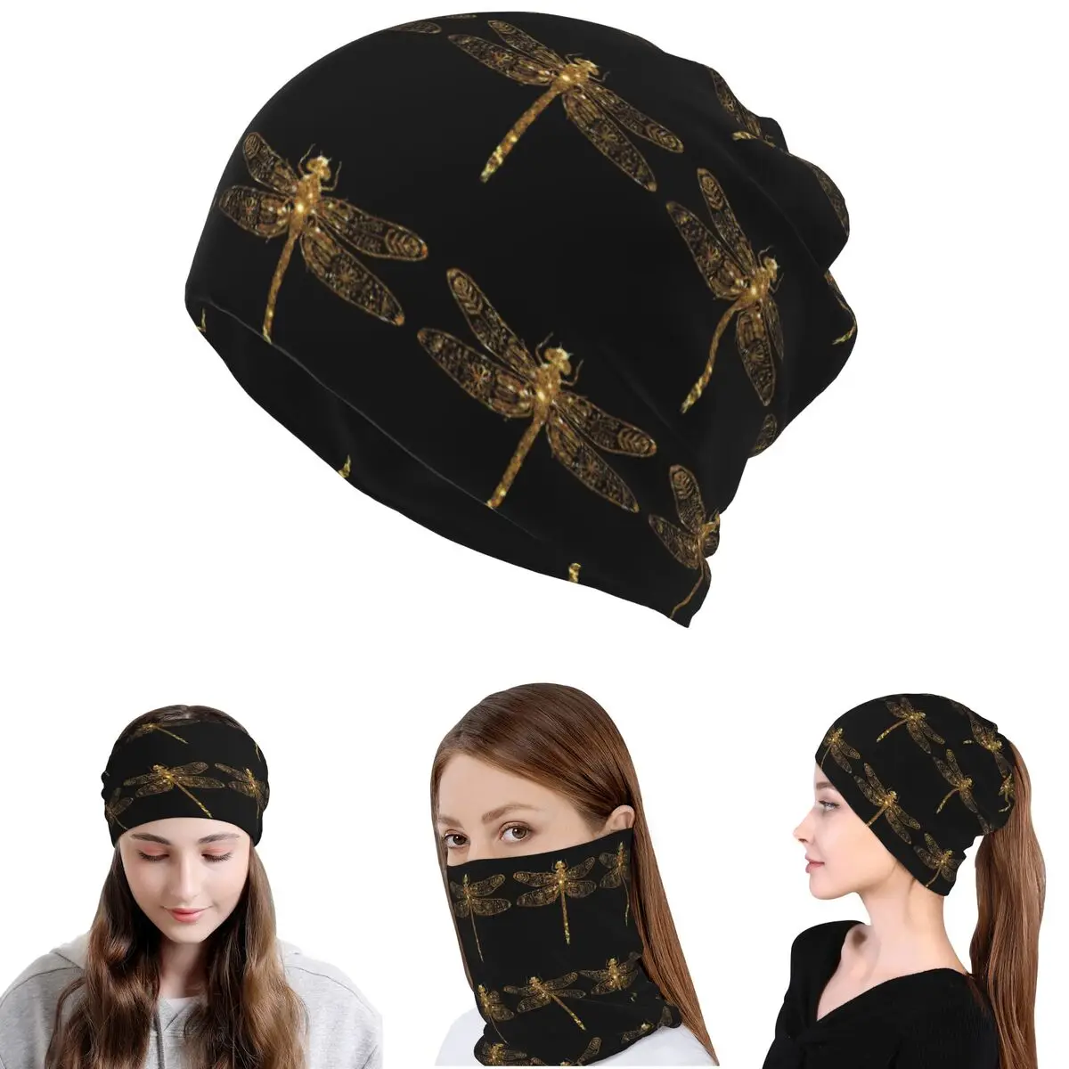 

Fancy Gold Glitter Dragonfly Bandana Neck Cover Wrap Scarf Multi-use Balaclava Beanies Hat Unisex Adult Breathable
