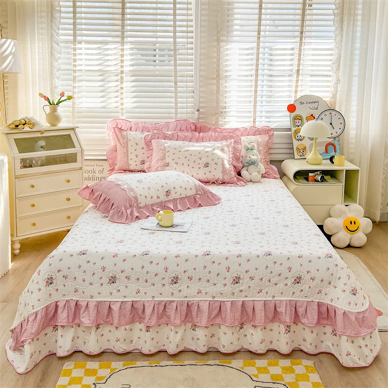 AI WINSURE Korean Vintage Cotton Quilted Double Bedspreads Bed Cover Queen Size Print Floral Ruffle with 2 Pillowcases