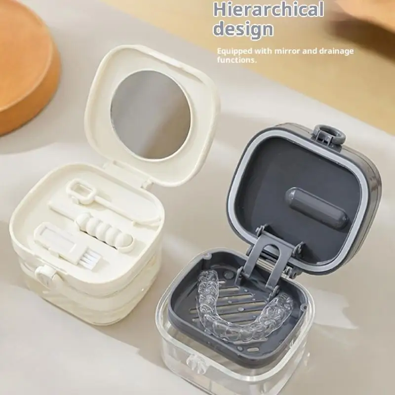 

2 In 1 Multi-layer Denture Retainer Case With Mirror Cap Cleaning Storage Box With Cleaning Brush No-Leak Oral Orthodontic Box