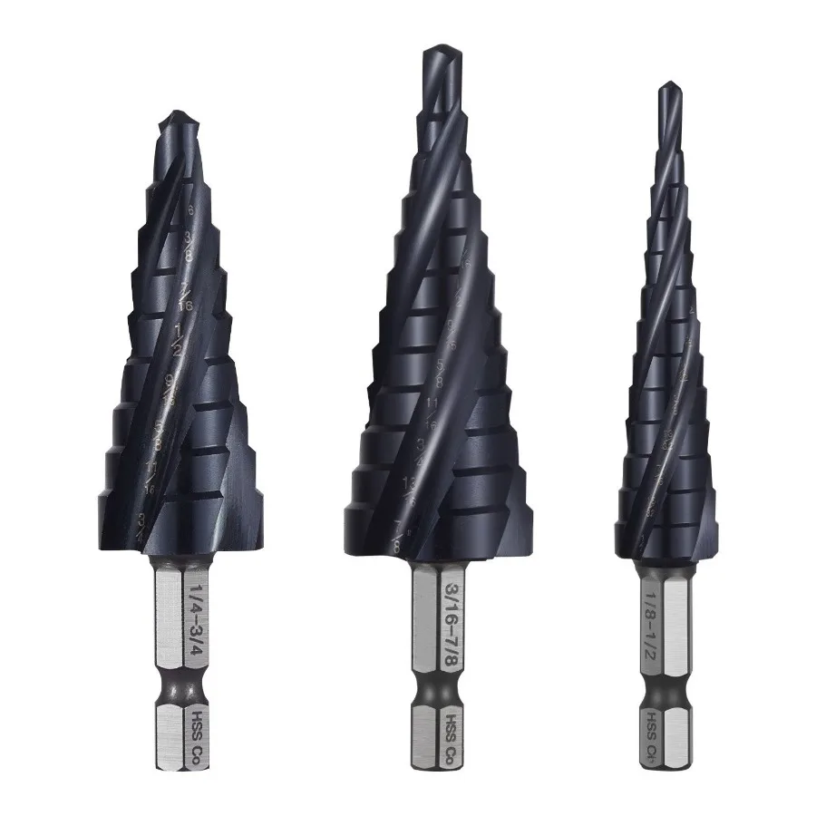 

Step Drill Bit Set, 1/8 - 7/8 inch, 3 Pieces Step Drill Bits, 1/4 inch Hex Shank, TiAlN Coating Cobalt HSS High Speed Steel,