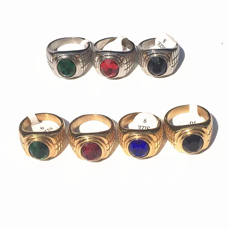 Men Engagement Ring Gold-color Stainless Steel Men Blue/Black/Green/Red Stone Wedding Rings R257G