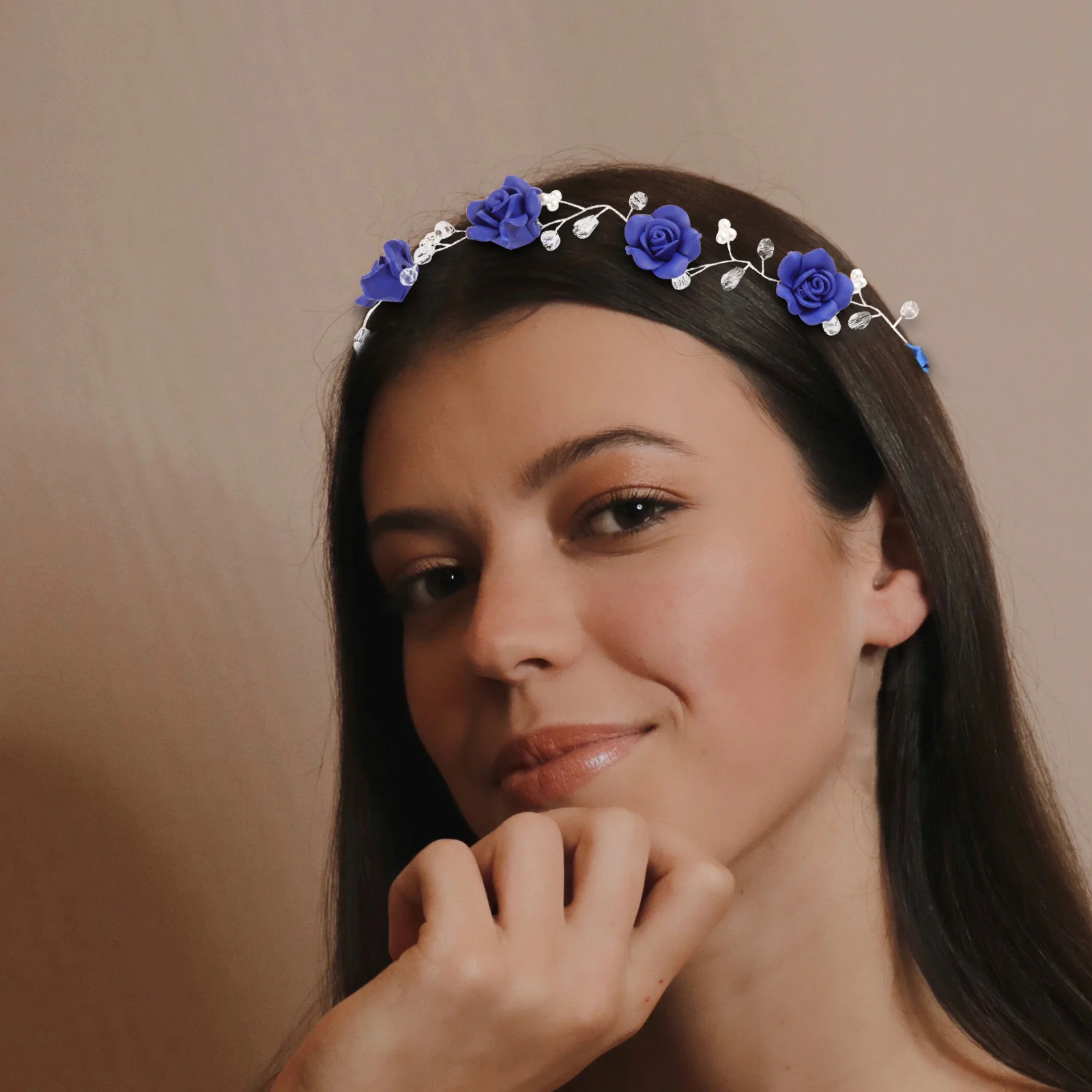 

Blue Hairband Rhinestone Headband Wedding Bridal Pearls Headpieces Garland Clay Tassel Banquet Decor Lightweight