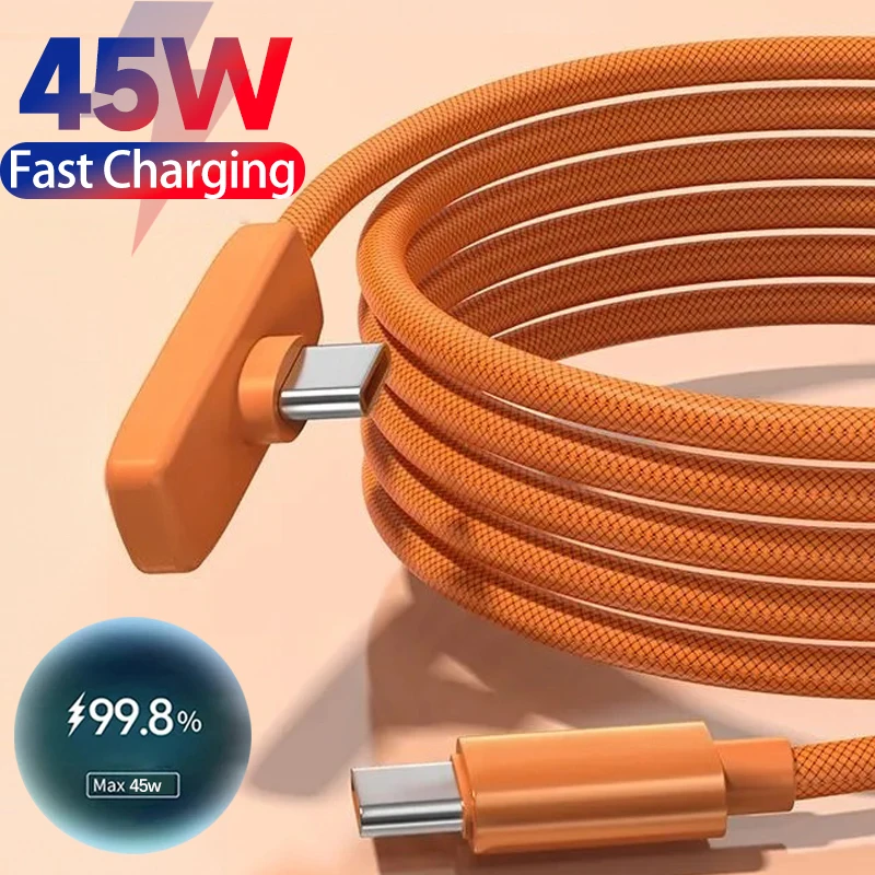 45W Elbow Braided Fast Charging Data Cable For iPhone Samsung Oneplus Mobile Phone Headphones Type-C USBC Quick Charging Cord