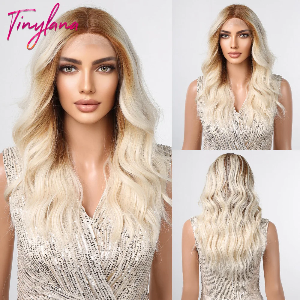 

Copper Brown Blonde Ombre Synthetic Lace Front Wigs Long Deep Wave Highlight Cosplay Lace Hair Wig for Women Afro Heat Resistant