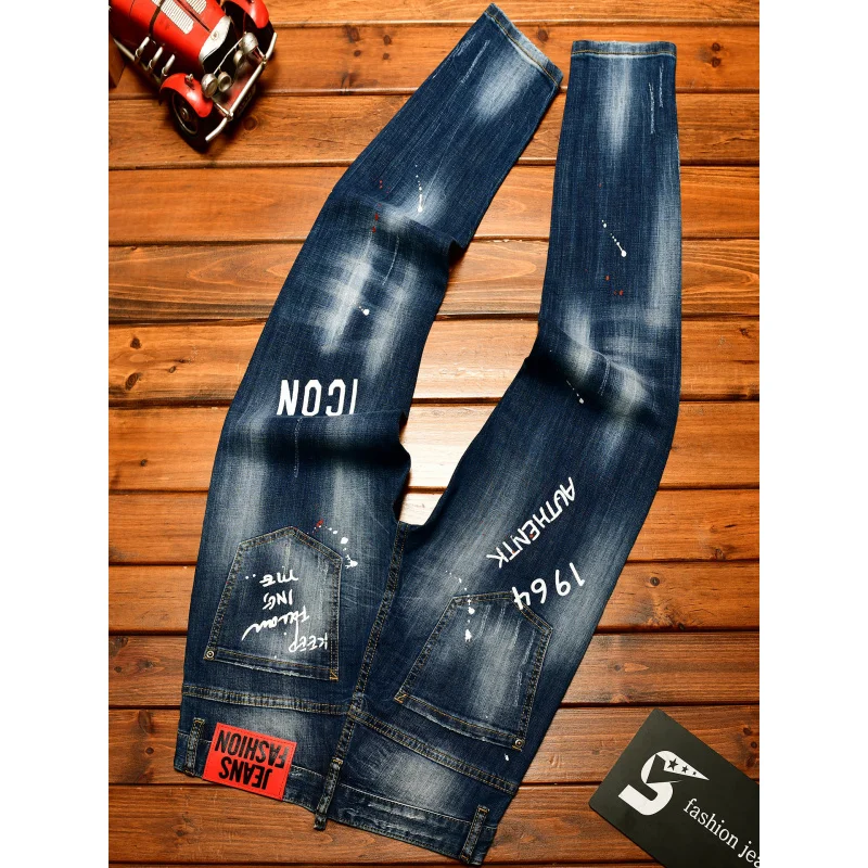 남성 스트릿 패션 트렌드를 위한 고급 프린트 데미지 패치 진, 신축성 좋고 멋스러운 슬림핏 슬림 레그 팬츠