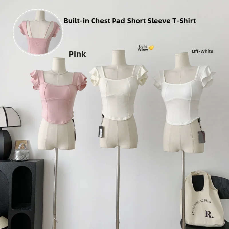 ピンクのセクシーなスクエアネックTシャツ、女性用スリムフィットサマーニュースタイル、胸パッド付きトップス、ファションレディースカジュアルウェア