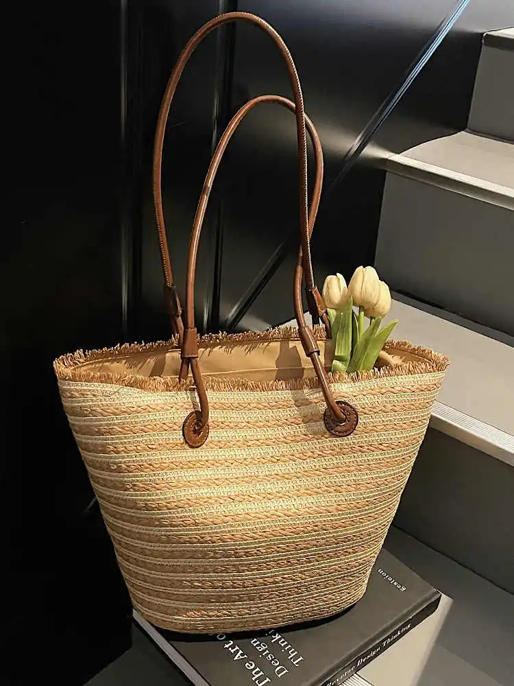 

Summer Woven Tote Bag Women Fashion Striped with Zipper Shopping Bags French Large Capacity Vacation Shoulder Bag