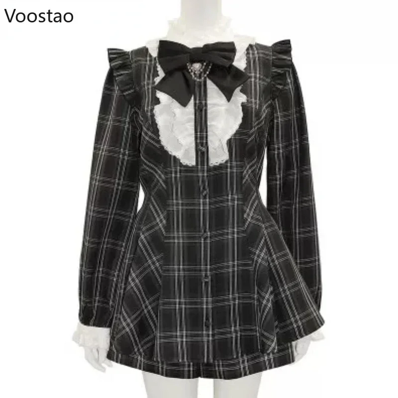 Vintage Lolita Plaid Bow Dress Shorts Set Women Gothic Cross Lace Ruffles Shirt Party Dress 2 Piece Sets Japanese Y2k Outfits