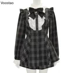 Vintage Lolita Plaid Bow Dress Shorts Set Women Gothic Cross Lace Ruffles Shirt Party Dress 2 Piece Sets Japanese Y2k Outfits