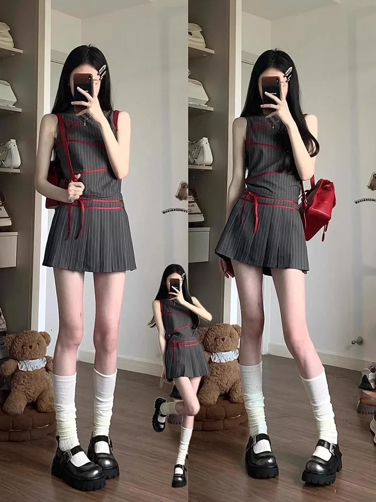 

Summer Outfit Women's Sweet Cool Embroidered Striped Vest Top Half Skirt Two Piece Set Fashionable Casual Wear Polyester