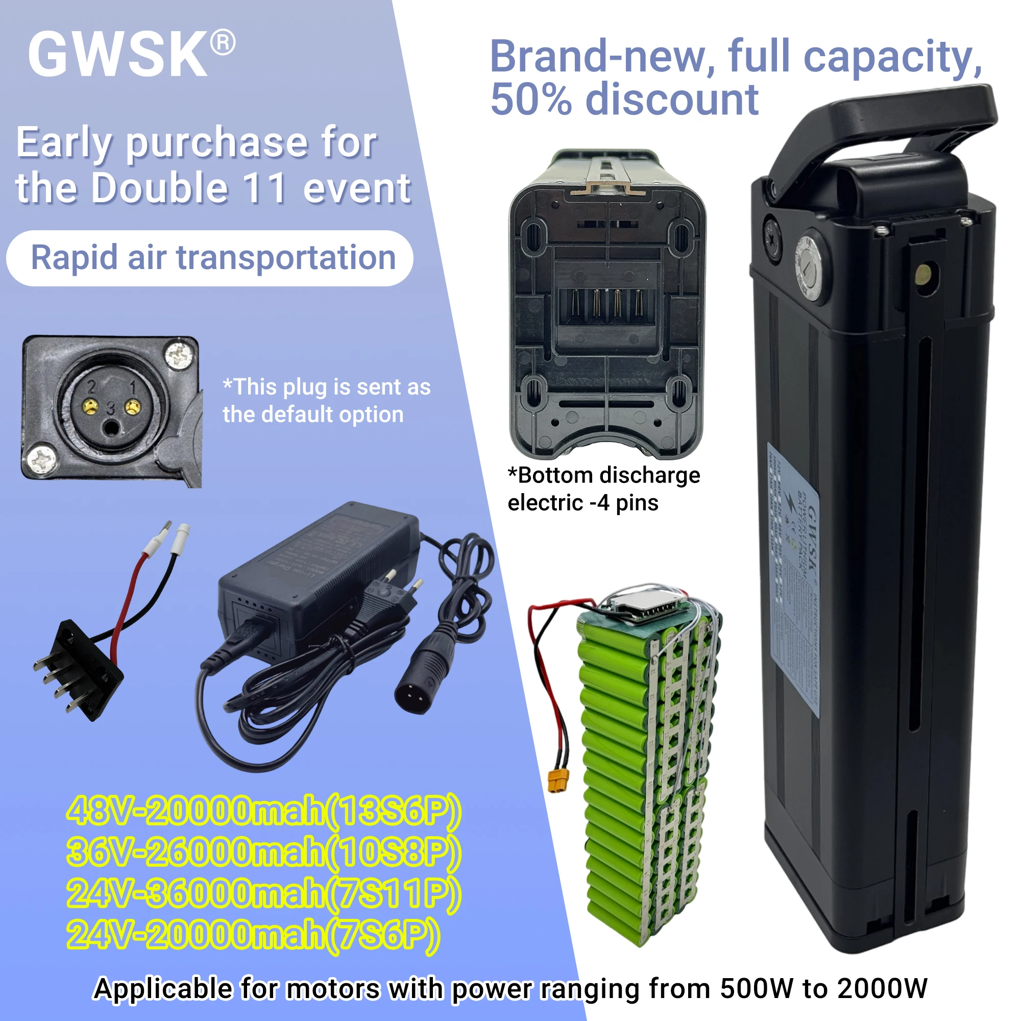 

Fast air freight, black silver fish bottom 4-pin discharge, 24V36V48V18650 lithium battery pack, suitable for 2000W motors