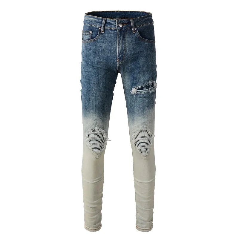 New Men's High Street Distressed Destroyed Ribs Patchwork Holes Stretch Slim Pleated Patches Gradient Washed Ripped blue Jeans