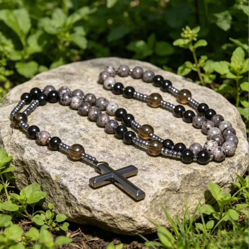 Yuma Religious Natural Obsidian Yooperlite & Hematite Cross Pendant Men Necklace UV Reactive Protection Christ Jewelry