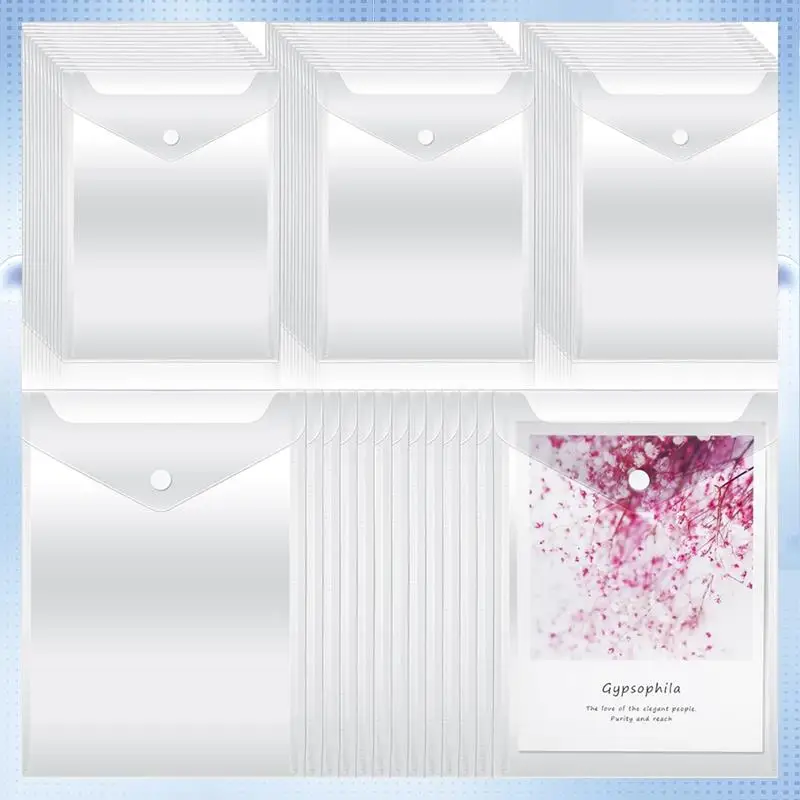 A82Q-50Pcs Clear Plastic Envelopes With Snap Button Stamp And Die Storage Pockets For School Home Office 7.08 X 9.44Inch