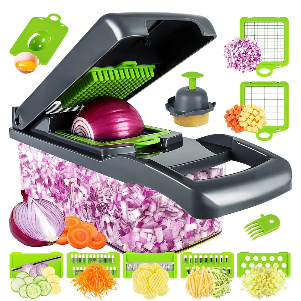 LMETJMA Vegetable Chopper Professional Mandoline Slicer Onion Chopper Veggie Slicer with 8 blades and Filter Basket KC0451