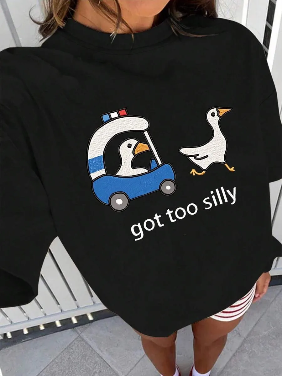 

Plus - Size Short Sleeve T - Shirt Women's Clothing: “Got Too Silly” Funny Cartoon Geese Graphic