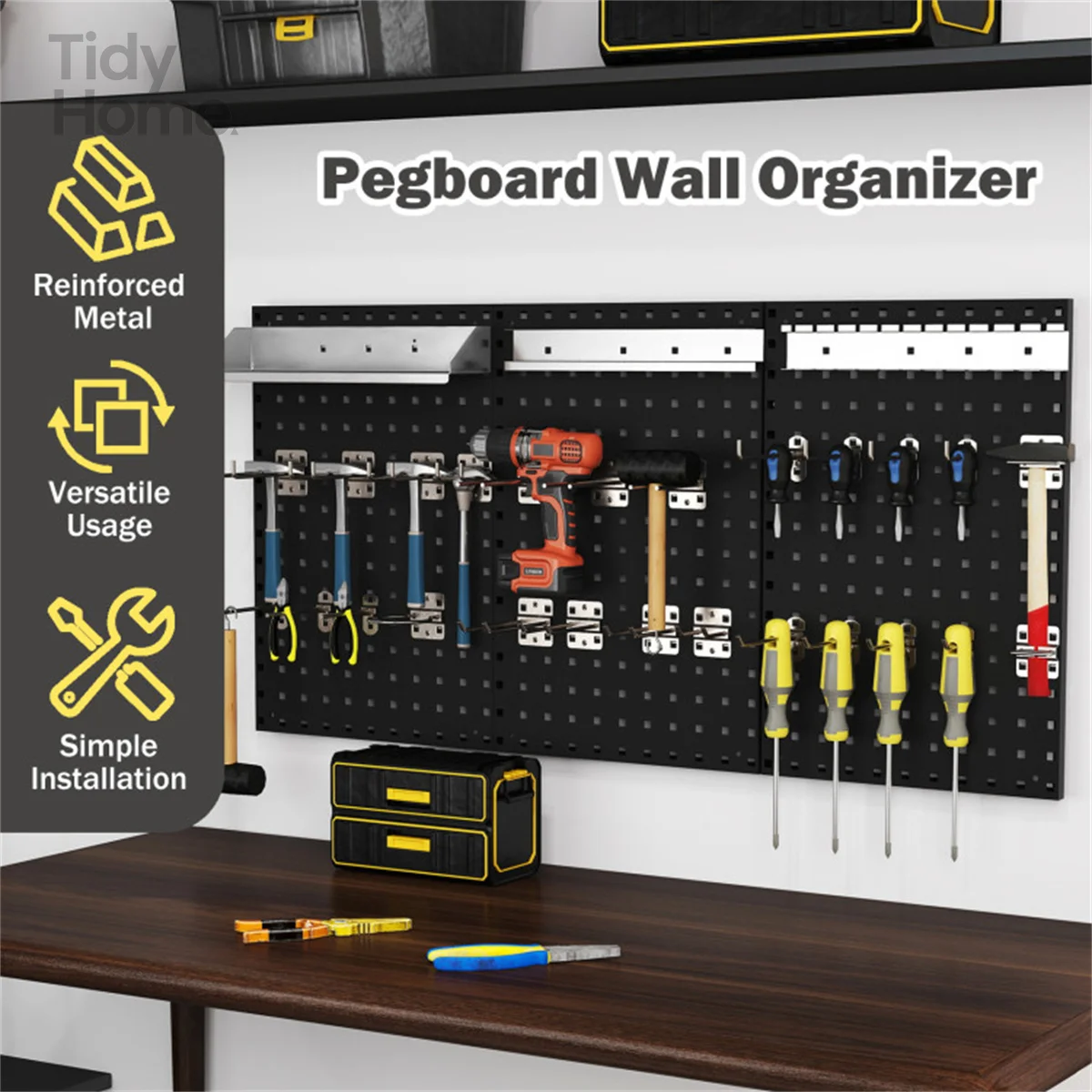 

Black Wall-Mounted Pegboard Wall Organizer Kit 4 ft.Metal Toolboard tool storage tool wall organizer peg board metal pegboard