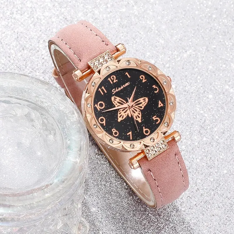 Pink Pearl Butterfly Watches for Women Fashion Rhinestone Casual Bracelet Watch Simple Female Clock Ladies Quartz Wristwatches