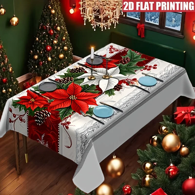 1pc 1 piece vintage festive tablecloth - Red potted flowers, wintergreen berries and elegant white backgroundzyc