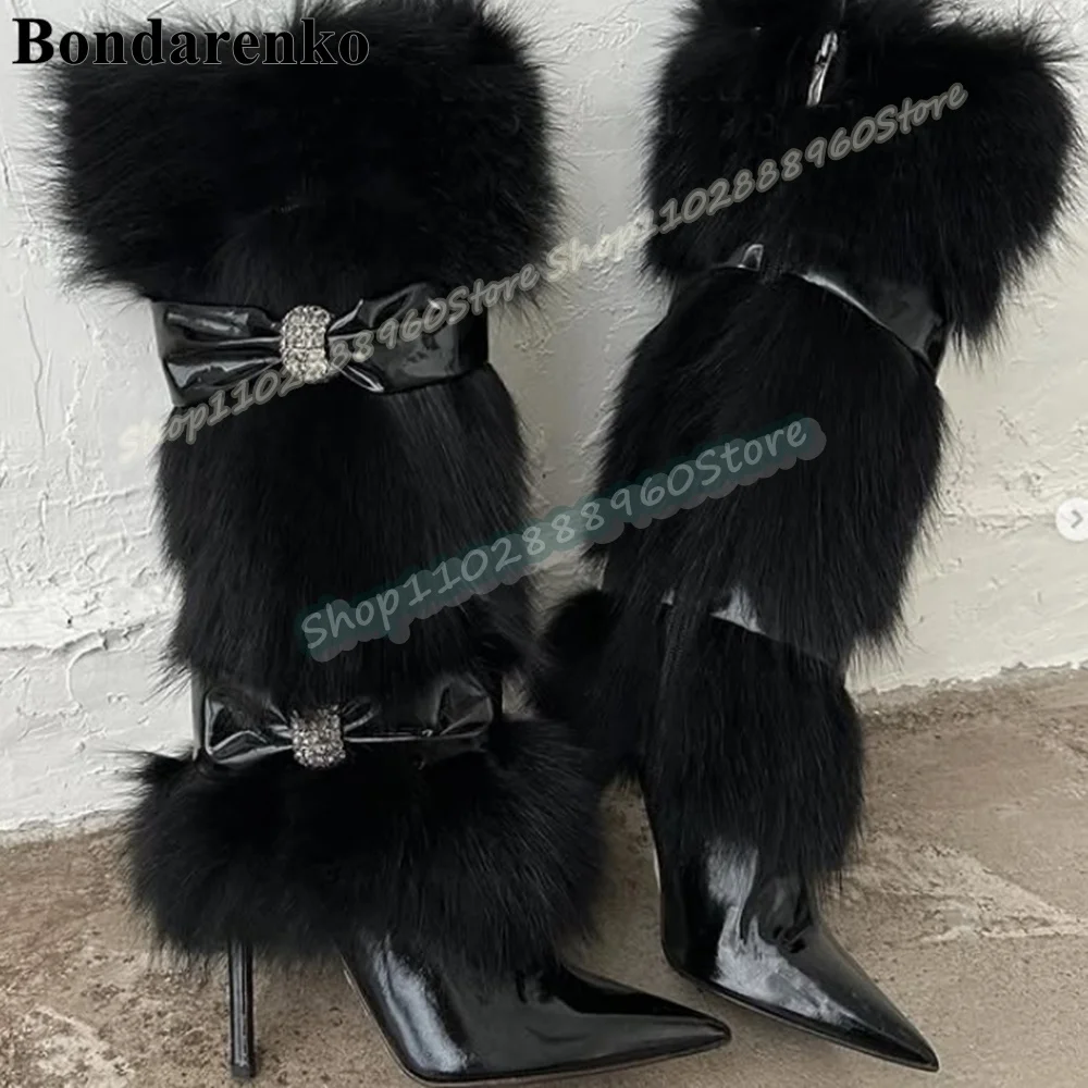 

Knee High Black Glossy Leather Furry Bowknot Boots Thin High Heel Shoes For Women Side Zipper Pointed Toe Occidental Women Shoes