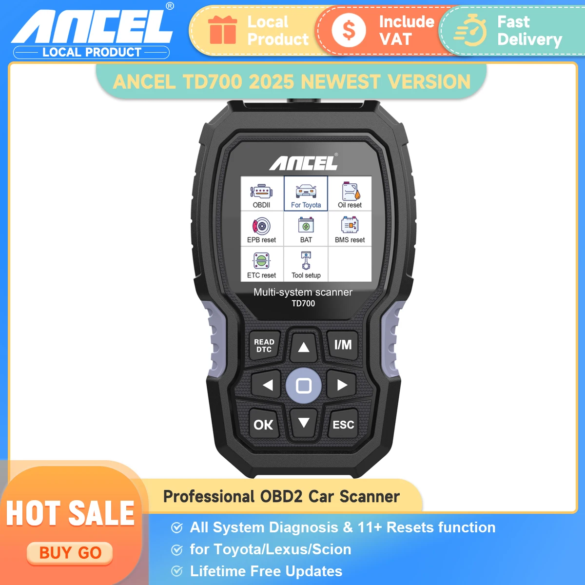 Ancel TD700 Profession OBD2 Automotive Scanner Full System Diagnostic BMS Reset Injector Coding  Auto Car Tool for Toyota