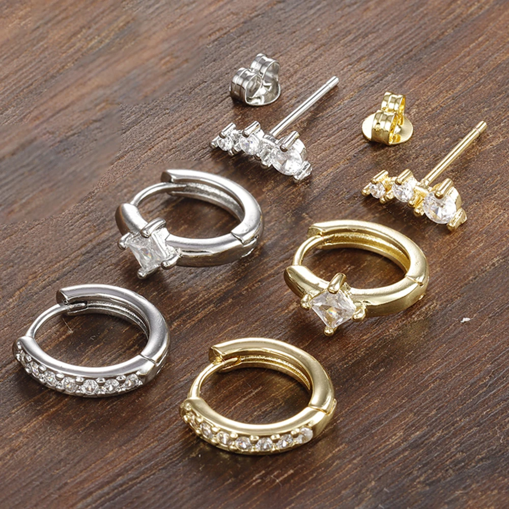 3pcs Sets Stainless Steel Square Zirconia Hoop Earrings For Women Daily Life Cartilage Stud Earrings Piercing Jewelry Gift