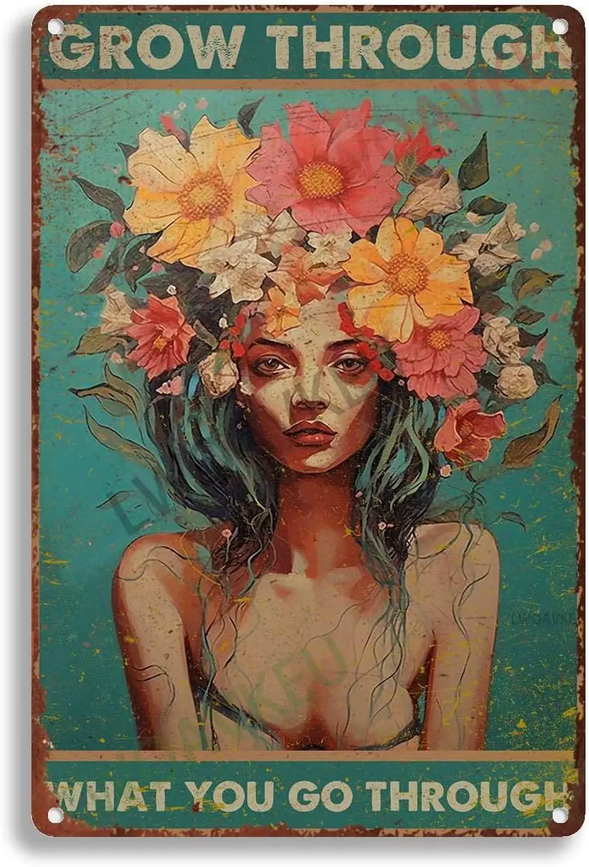 Aluminum Metal Tin Sign Grow Through What You Go Through For Home Bar Yard Kitchen Office 8.00