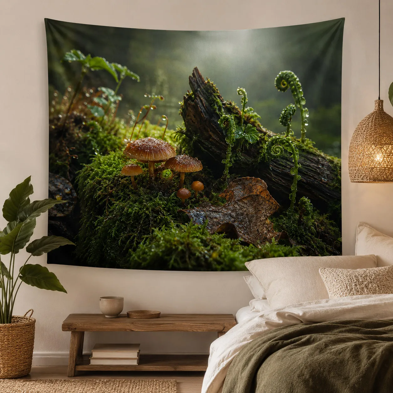 Enchanted Mushroom Forest Tapestry Mossy Woodland Wall Hanging Cottagecore Goblincore Nature Wall Art Bedroom Decor