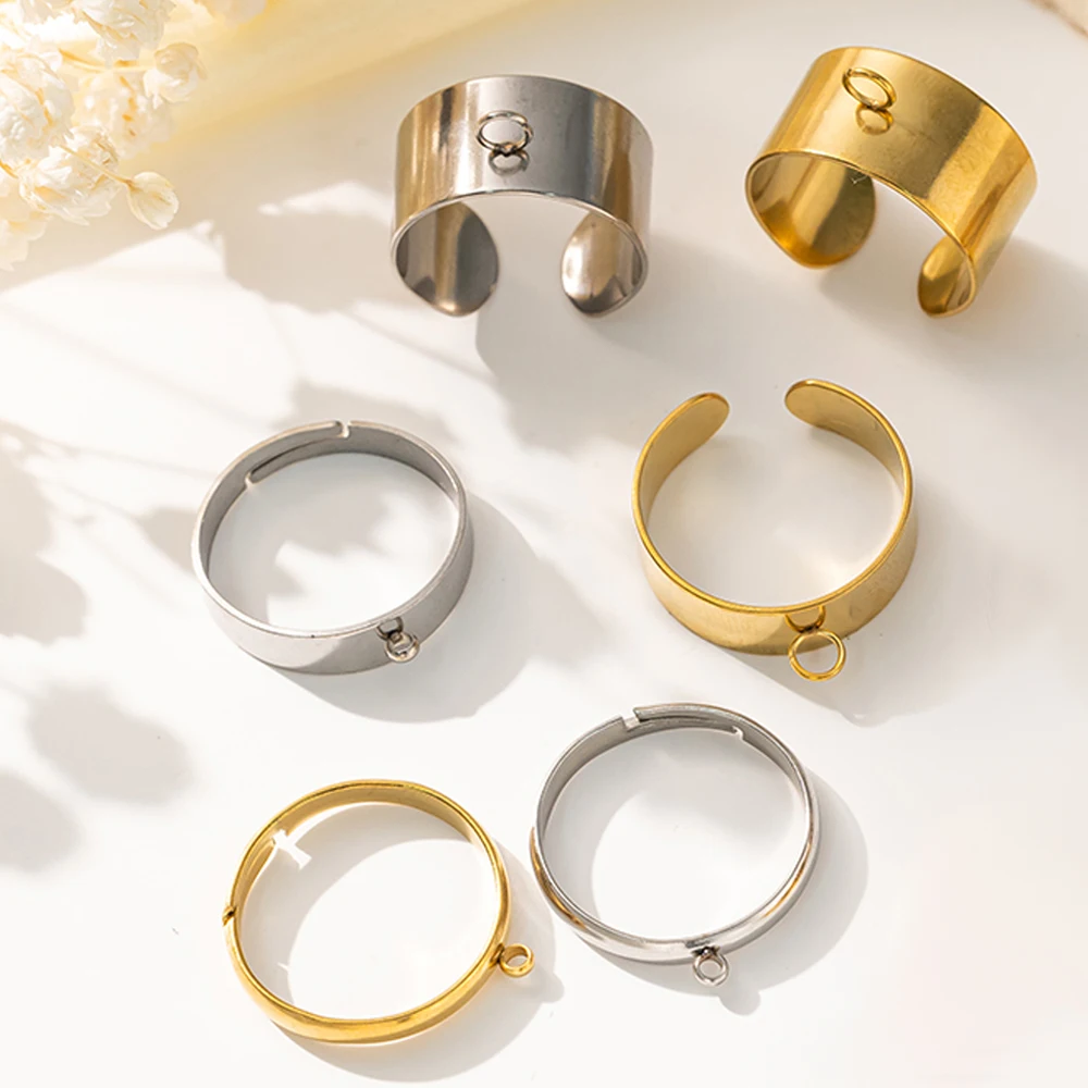 10pcs Stainless Steel Blank Rings Settings Simple Style Adjustable Rings With Hole For DIY Jewelry Making Accessories Wholesale