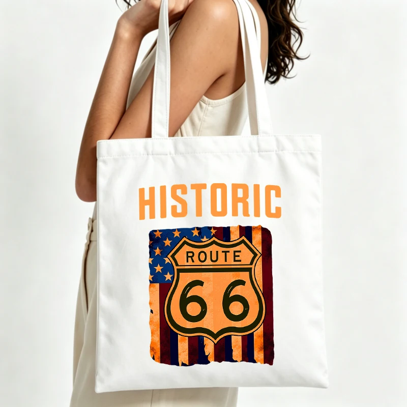 Vintage Route Sign Graphic Canvas Tote Bag Retro Style For Daily Shopping And Casual Outings