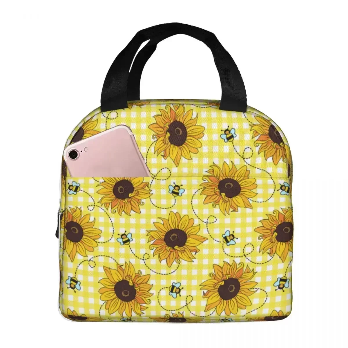 Lunch Bags for Men Women Checkered Check Sunflower Bee Thermal Cooler Waterproof Picnic School Canvas Tote Handbags