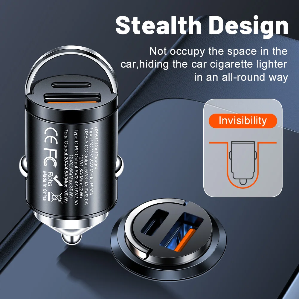 Dual Port Car Charger 100W USB Type-C PD Fast Charging 12-24V Charger For iPhone QC Fast Charging Adapter For Xiaomi For Samsung