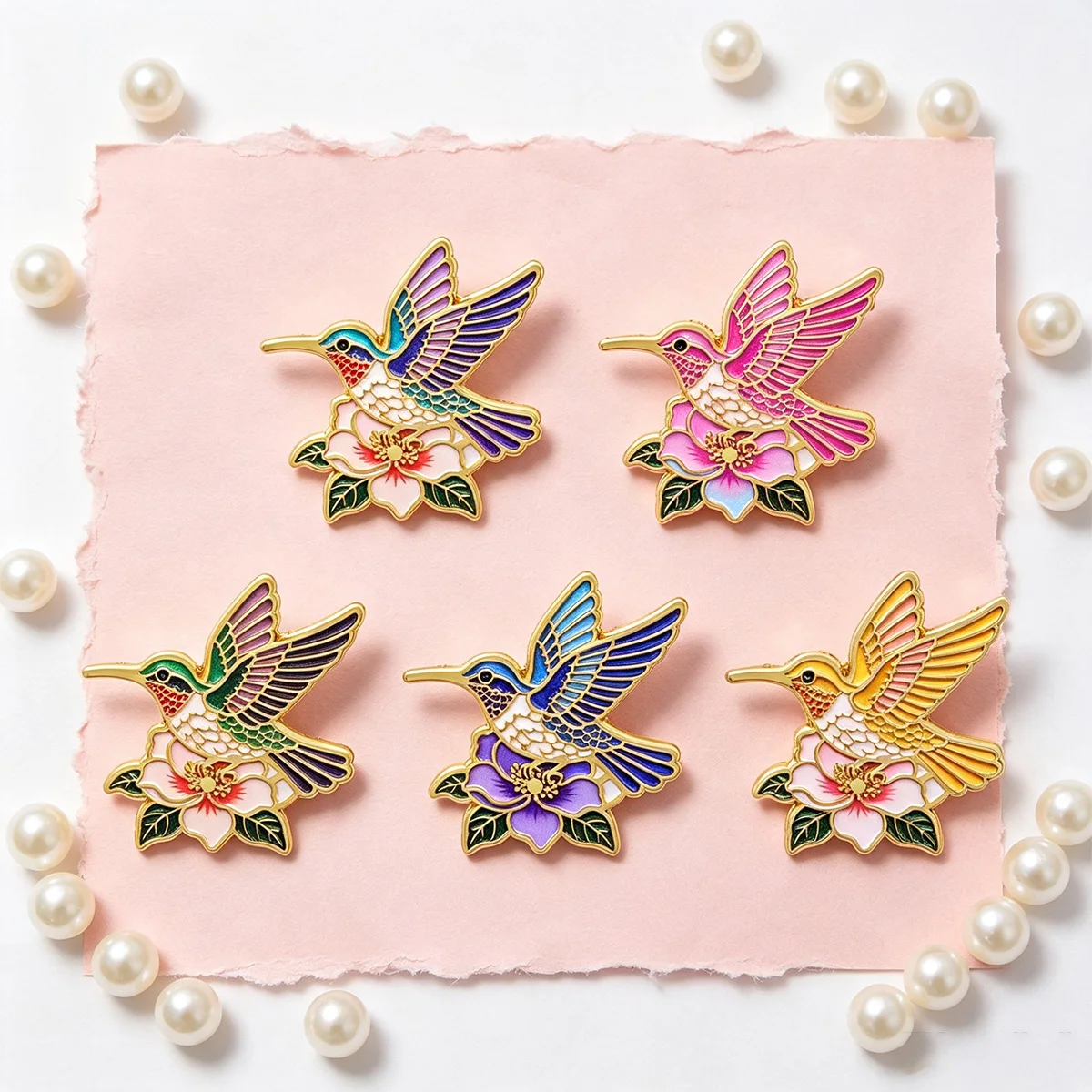 5pcs Colorful Hummingbird Flower Enamel Brooch Metal Lapel Pin Clothes Backpack Badge Animal Bird Jewelry Accessories