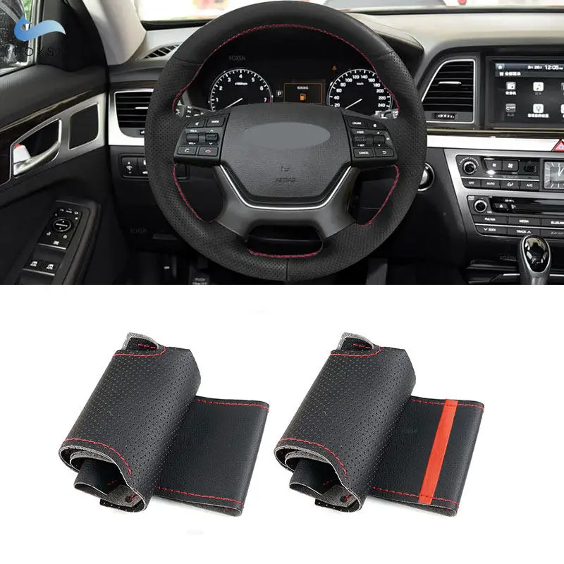 DIY Sewing Steering Wheel Cover For Hyundai Genesis 2015 2016 Hand Braids Black Perforated Leather Protection Trim Accessories