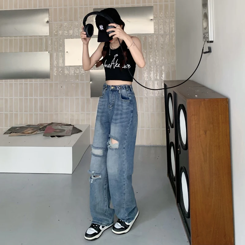 Jeans feminino buraco esfregando elegante nova coleção retro denim solto em linha reta femme hipster vintage bf estilo estudante ins streetwear