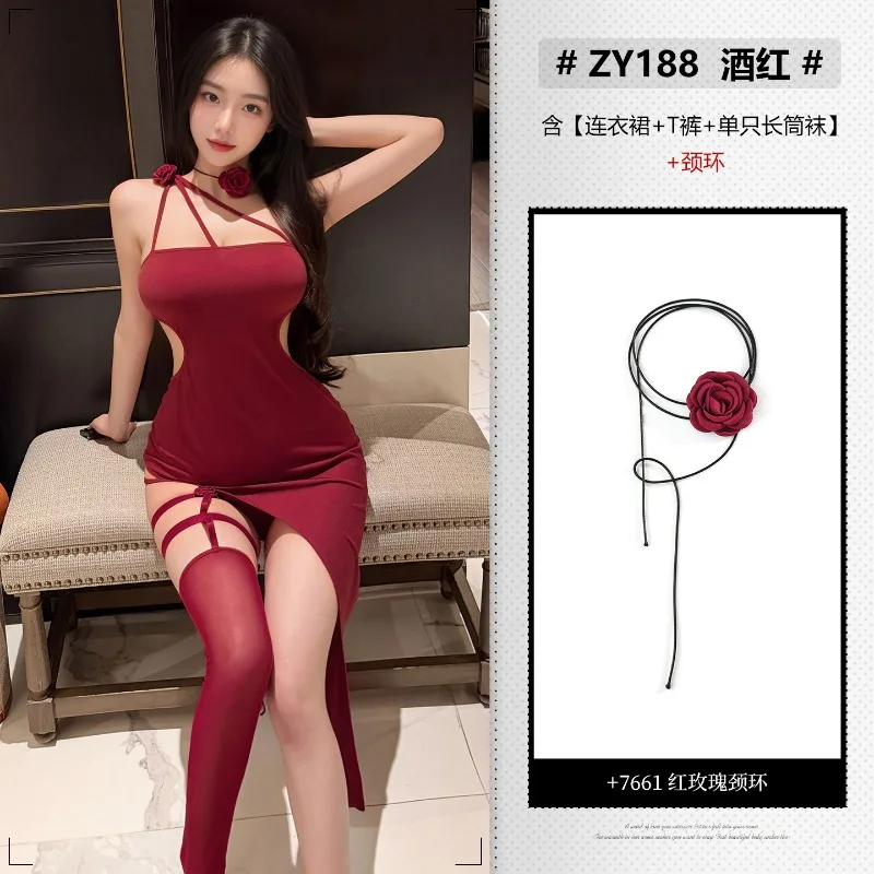 

Crimson Rose One Shoulder Halter Lingerie Dress Sexy High Split Asymmetrical Long Dresses Nightclub Babydoll Secretary Cosplay