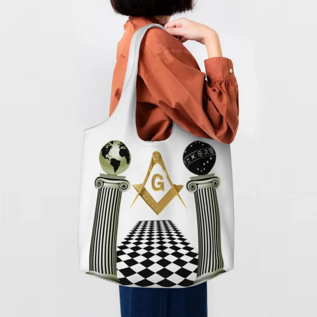 Printed Boaz And Jachin Solomon's Temple Shopping Tote Bag Reusable Canvas Shoulder Shopper Masonic Mason Freemason Bags Handbag